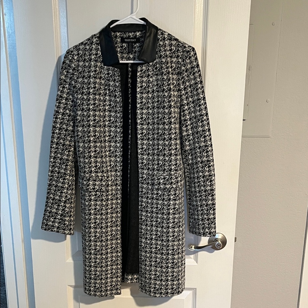 Black and White Houndstooth Coat with Faux Leather Collar